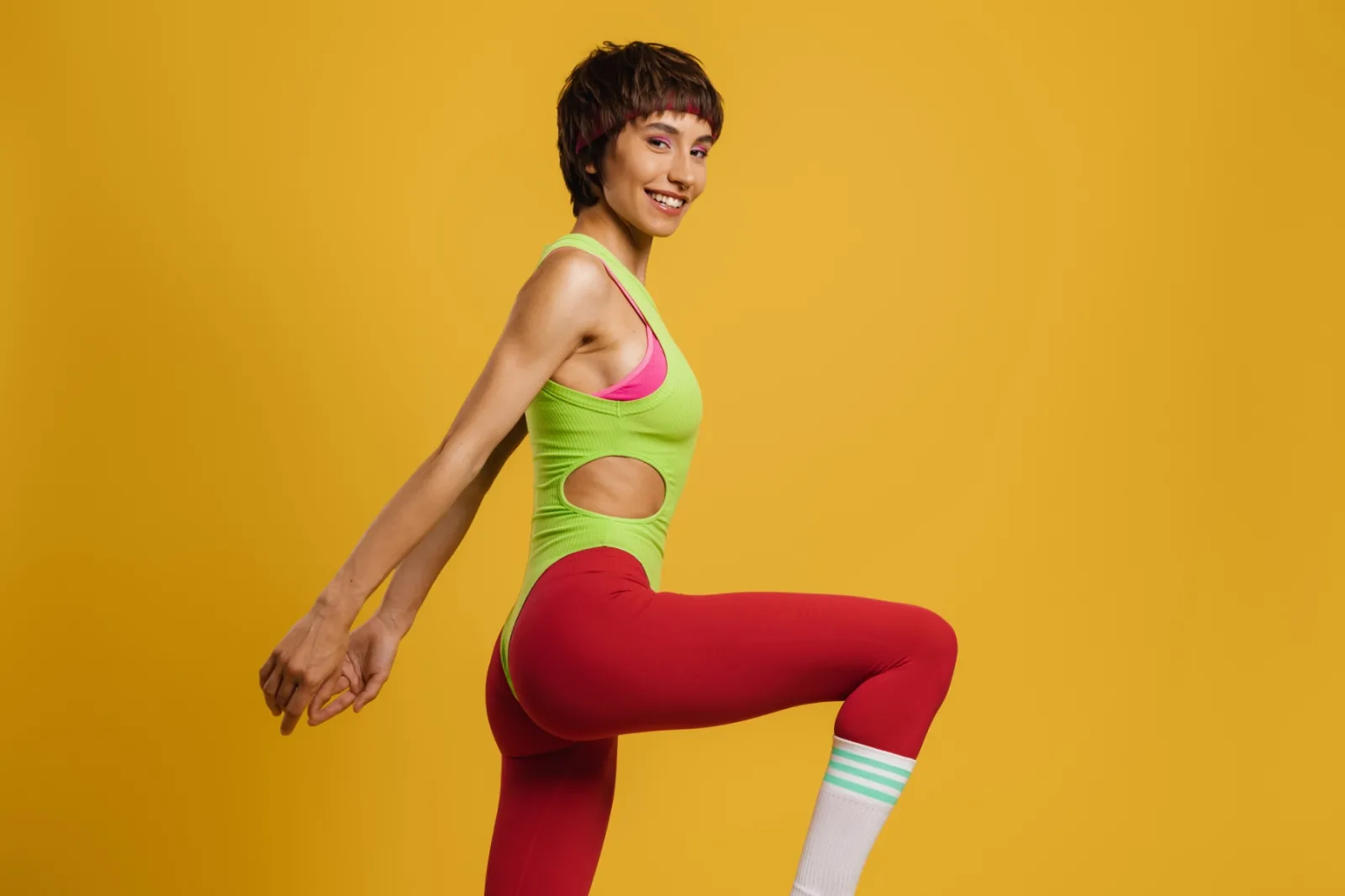 Sporty Woman In Retro Workout Clothes Stretching 2026 03 19 08 11 06 Utc