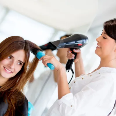 Woman Blow Drying Client S Hair In Salon 2026 04 14 00 24 37 Utc