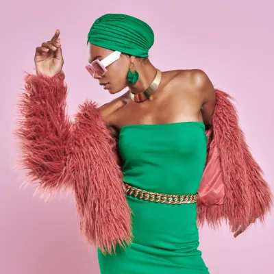 Woman In Green Turban And Pink Faux Fur 2026 03 24 05 18 49 Utc